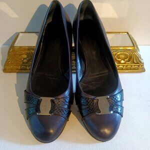Salvatore Ferragamo Vintage Signature Black Leather Ballet Flats with Snakeskin